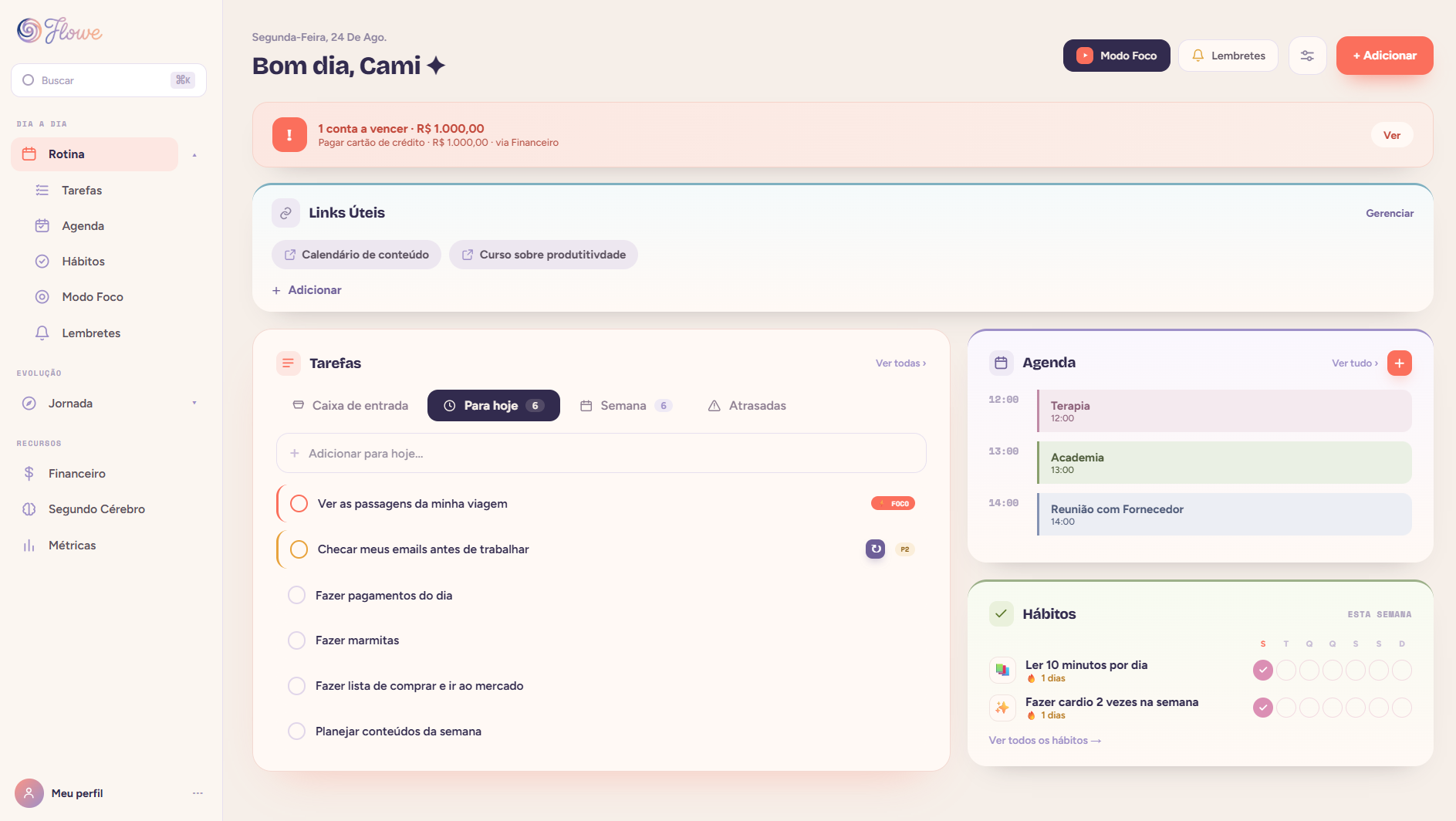 Flowe no computador — tela de Rotina